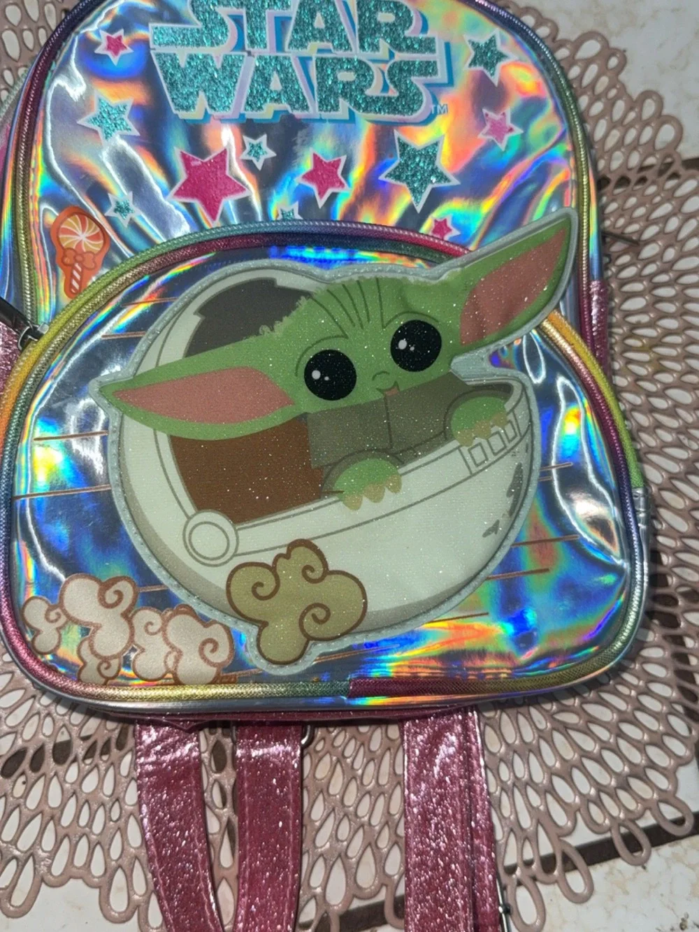 Kids Holographic Baby Yoda Backpack - Pink/Green